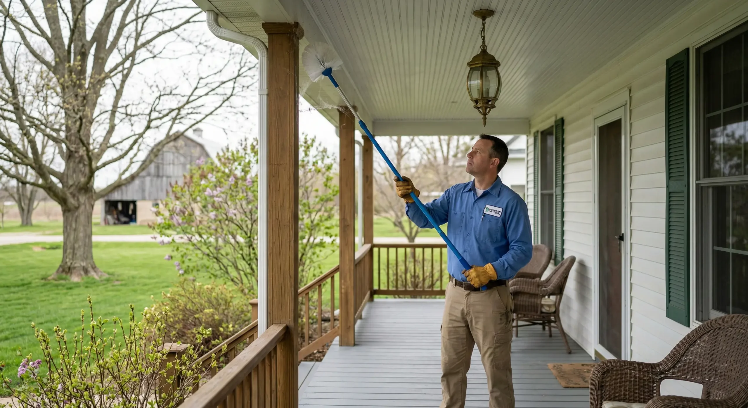 Extreme Exterminating monthly spray program treating a home exterior for spiders in Michigan