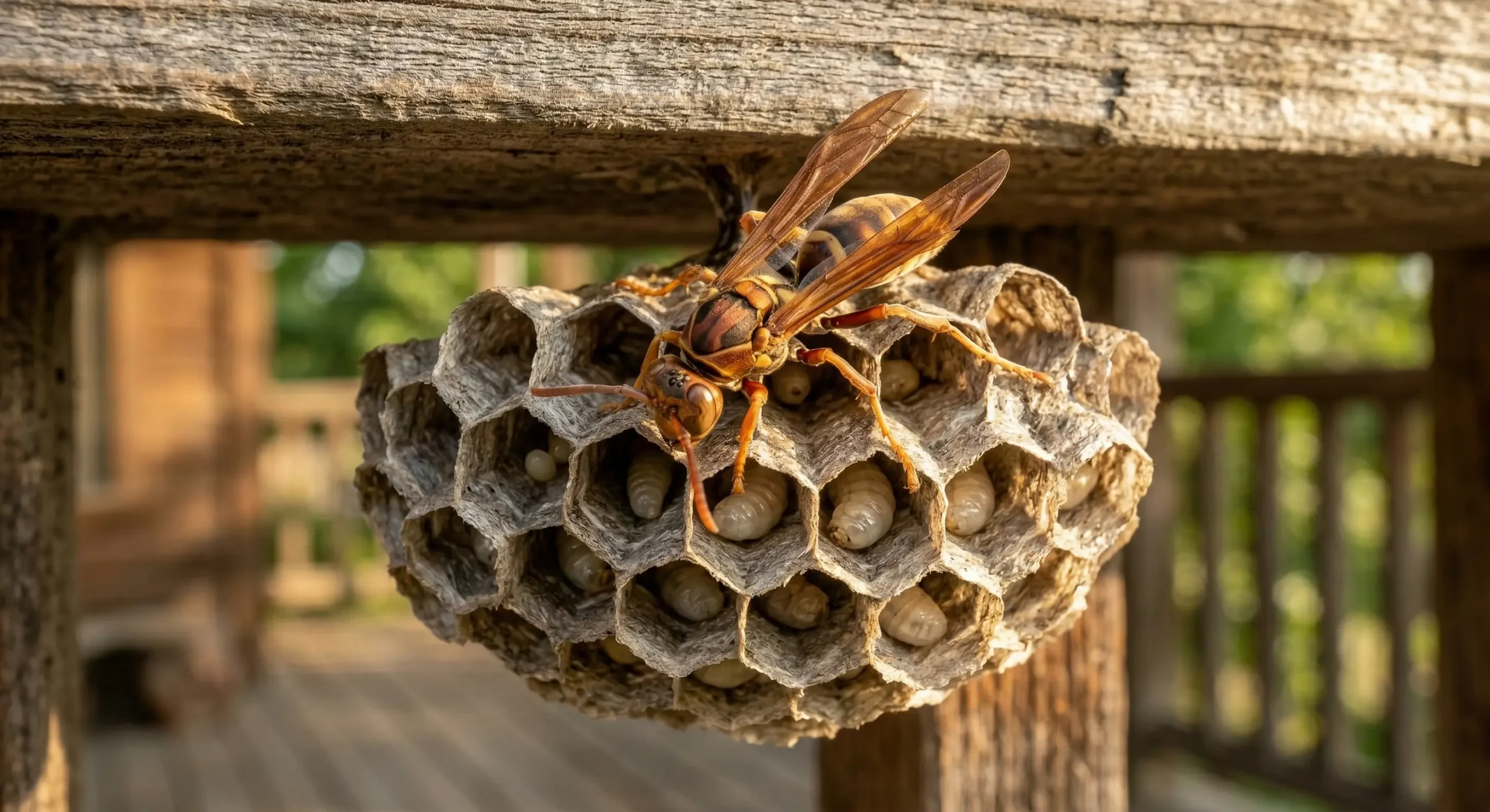 Paper wasp on nest showing exposed cells commonly found on Michigan home eaves and overhangs