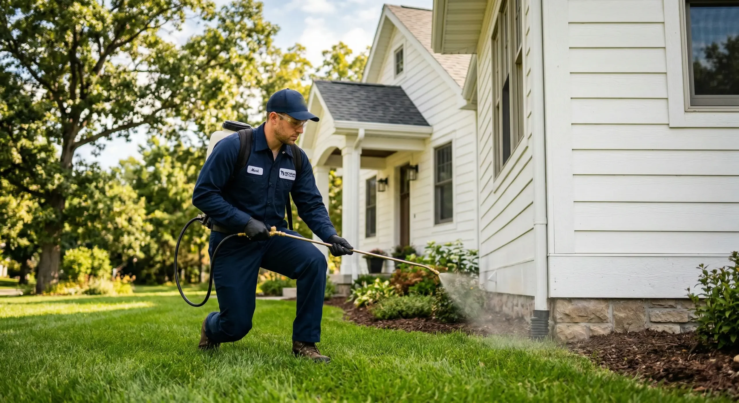 Extreme Exterminating technician applying monthly pest prevention spray along the exterior of a Michigan home