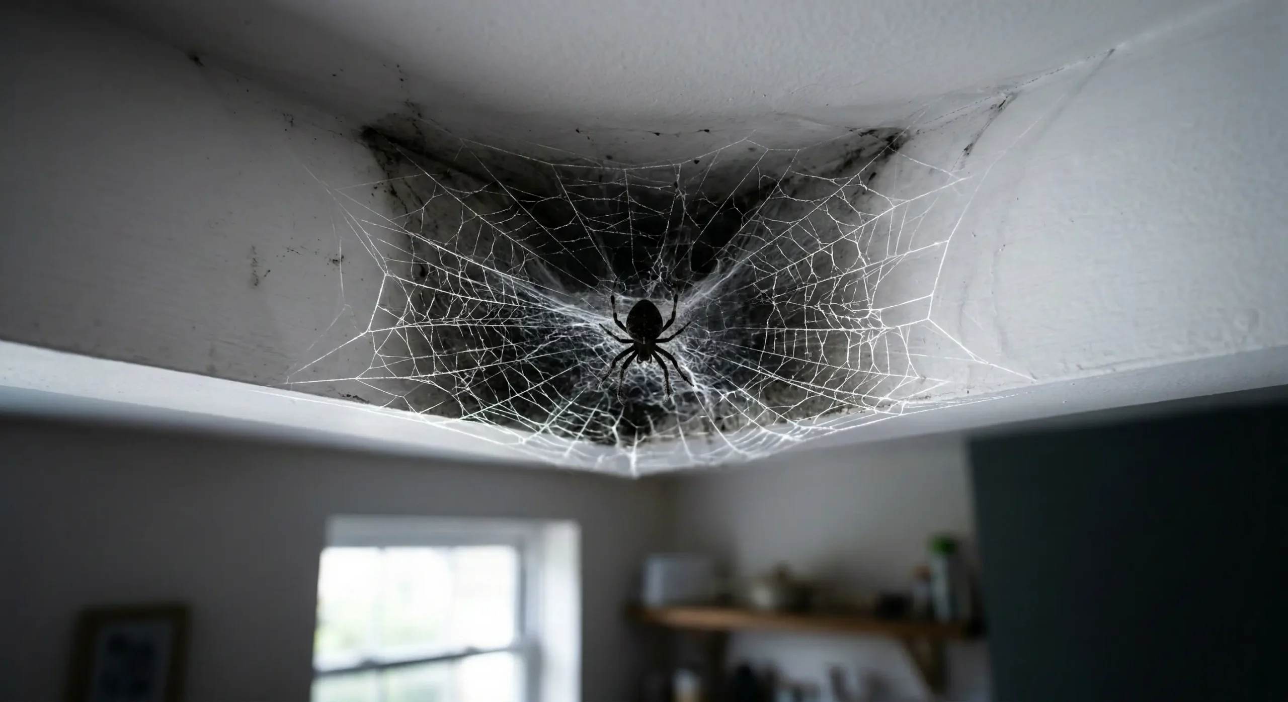 Spider webs accumulating inside a Michigan home indicating need for pest control