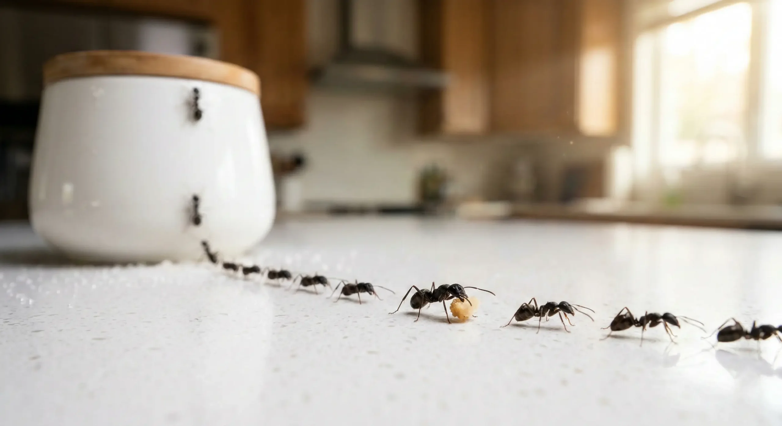 Ant trail near sugar container showing signs of ant infestation