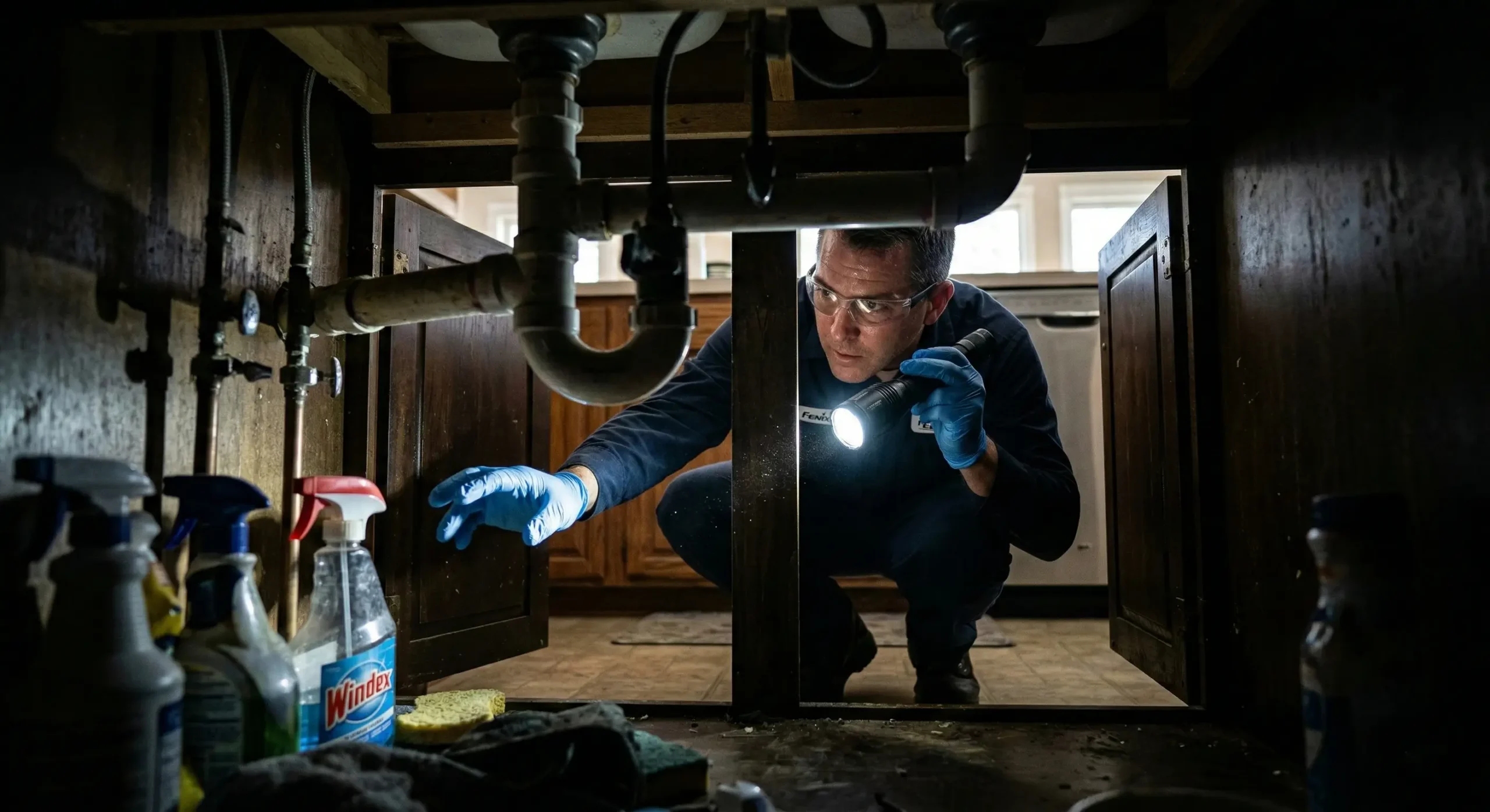 Extreme Exterminating technician inspecting under a kitchen sink in Southern Michigan