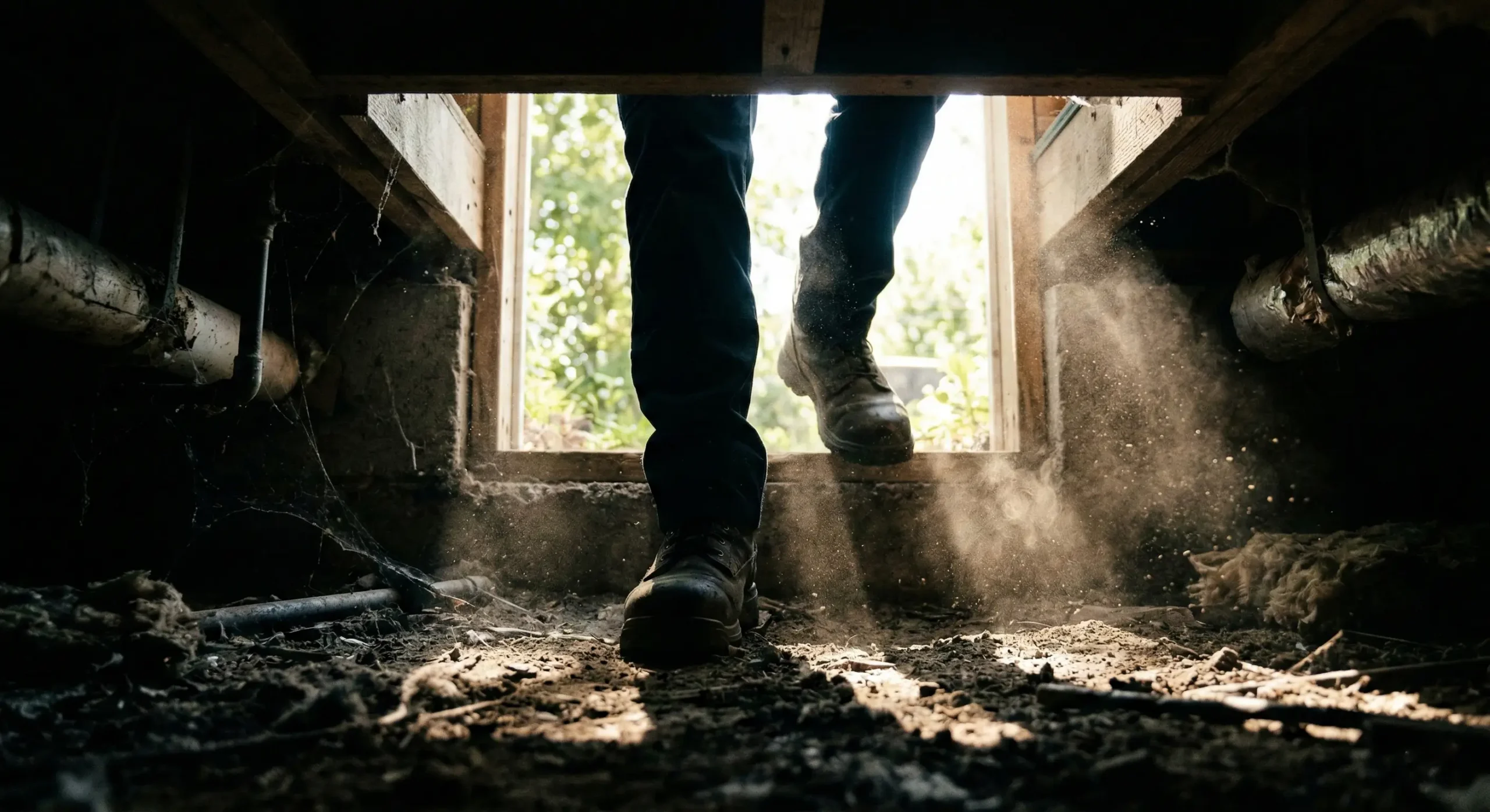 Extreme Exterminating pest control technician entering a crawl space for inspection in Michigan
