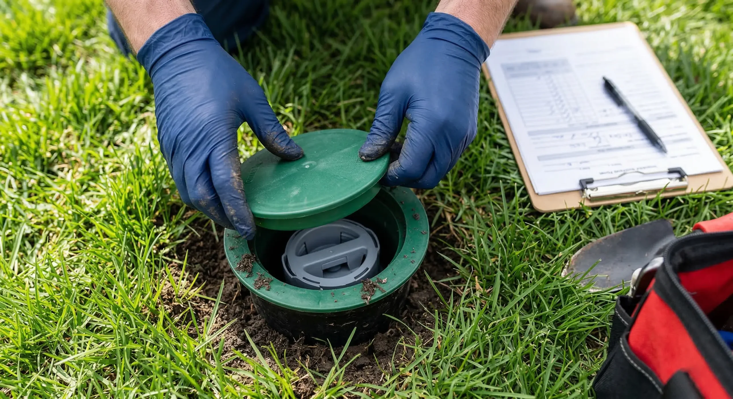 Advance termite bait station being installed in the ground at a Michigan property