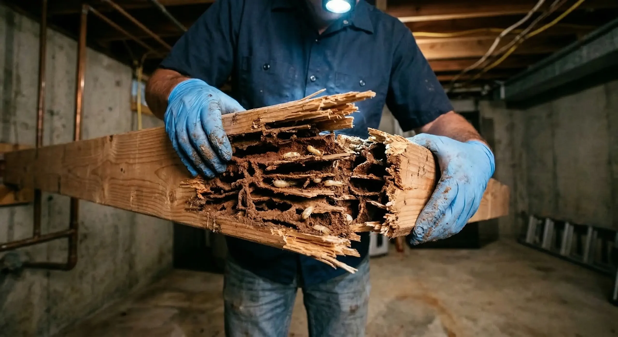 Termite wood damage requiring Termidor liquid treatment in Southern Michigan home